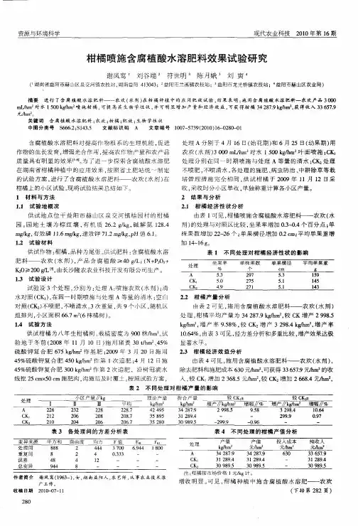 柑橘喷施含腐植酸水溶肥料效果试验研究