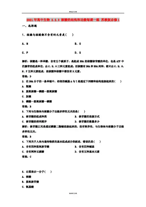 2021年高中生物 2.2.3 核酸的结构和功能每课一练 苏教版必修1