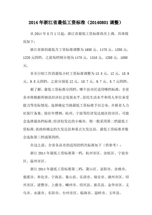 2014年浙江省最低工资标准(20140801调整)