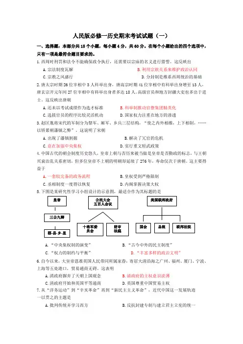 人民版必修一历史期末考试试题
