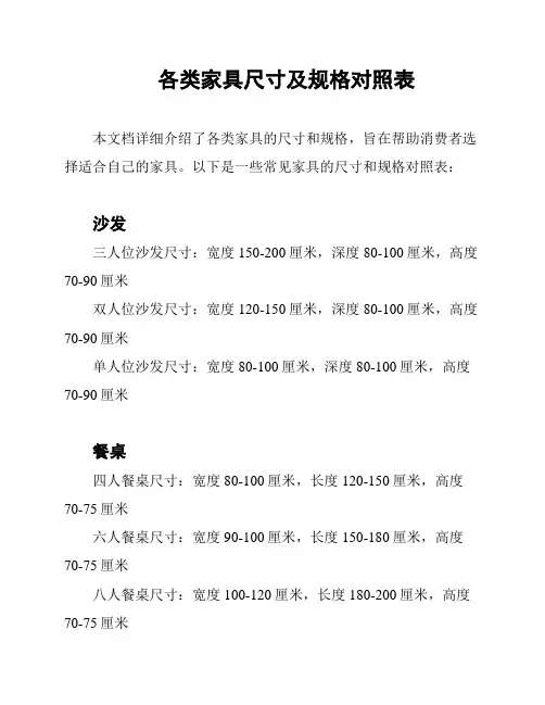 各类家具尺寸及规格对照表