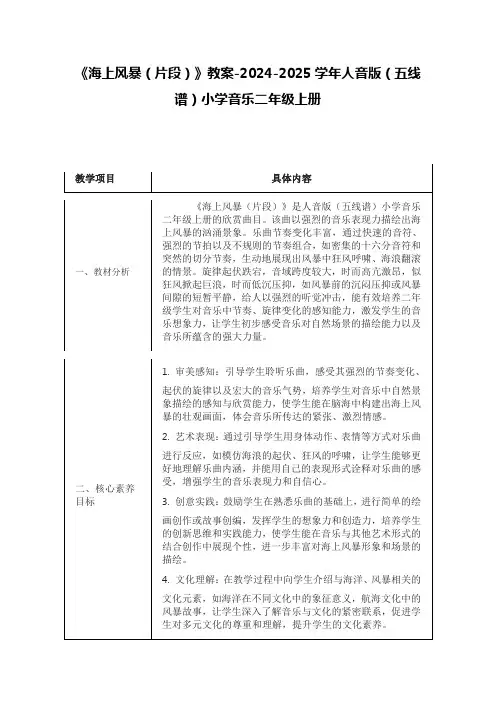 《海上风暴(片段)》教案-2024-2025学年人音版(五线谱)小学音乐二年级上册