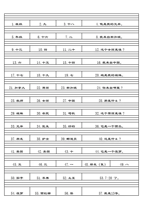 人教精通版 四年级上册 英语  1-6单元 汉译英 单词和 句子