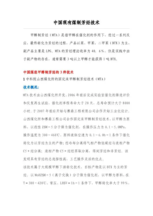 中国现有煤制芳烃技术
