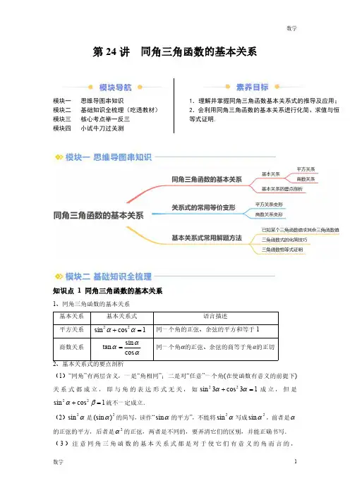 2024年新高一数学初升高衔接《同角三角函数的基本关系》含答案解析