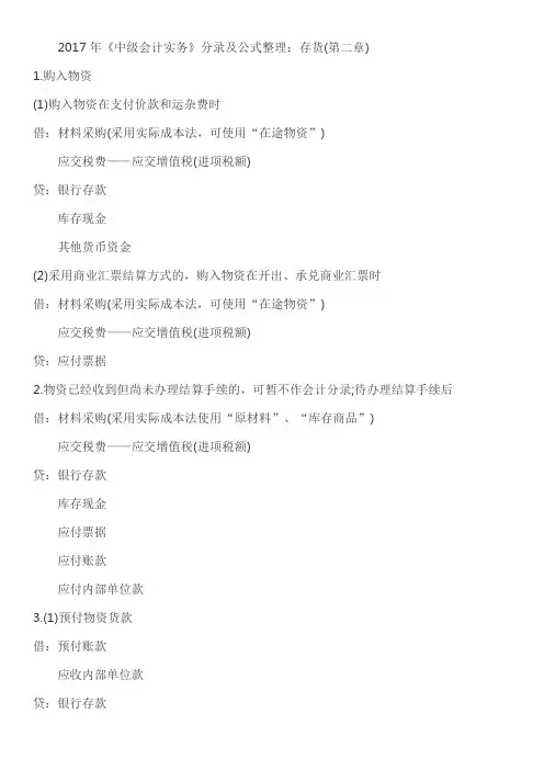 2017年中级会计师会计分录整理