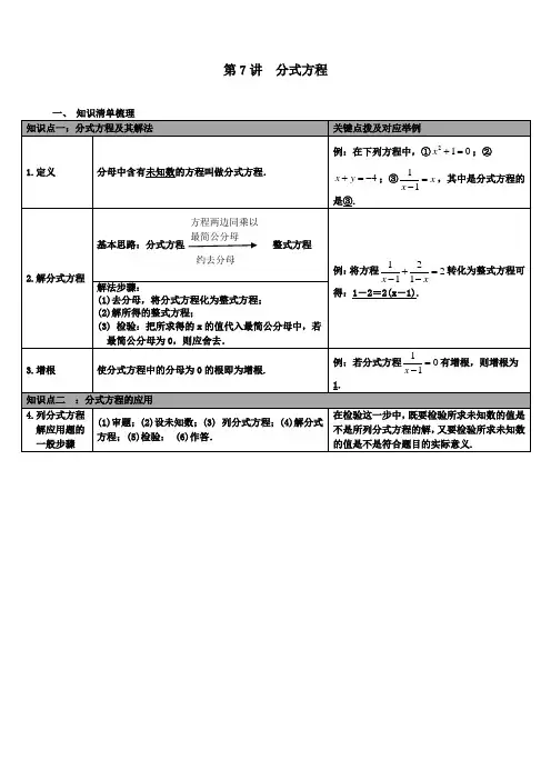人教版九年级数学下册中考知识点梳理：第7讲分式方程