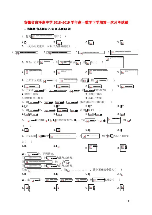 安徽省白泽湖中学2018_2019学年高一数学下学期第一次月考试题