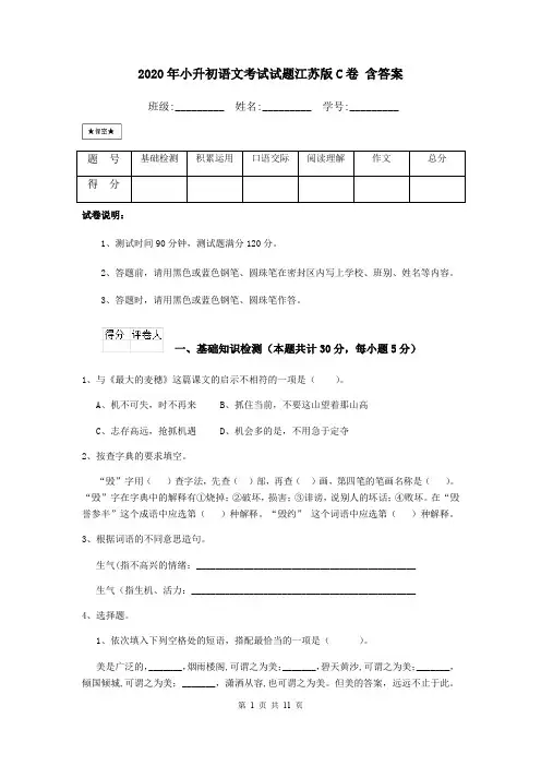 2020年小升初语文考试试题江苏版C卷 含答案
