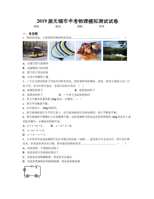 2019届无锡市中考物理模拟测试试卷