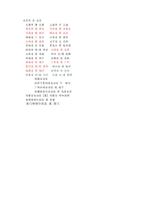 中国各省和省会简称