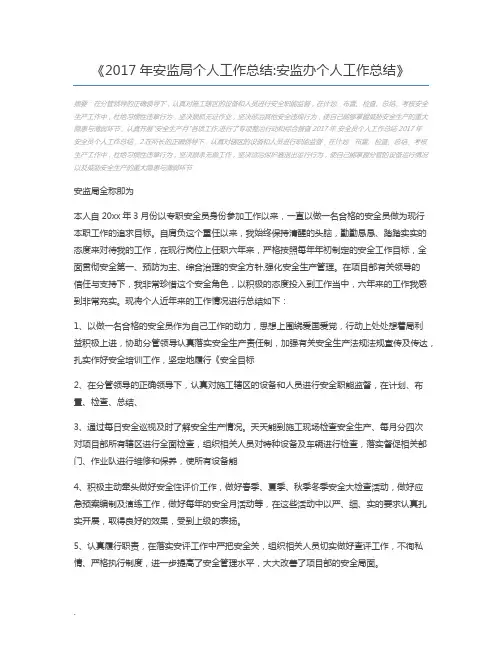 2017年安监局个人工作总结安监办个人工作总结