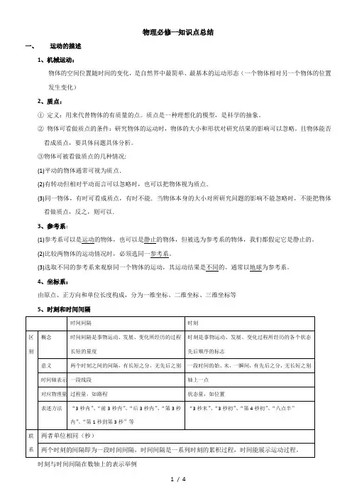 物理必修一第一章知识点总结