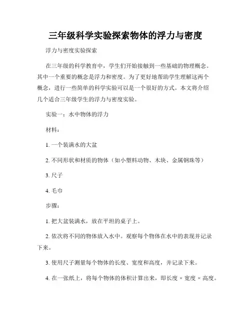 三年级科学实验探索物体的浮力与密度