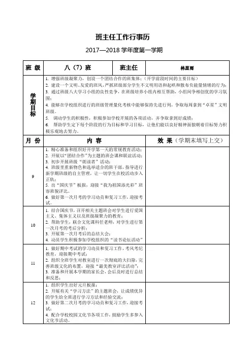学年八年级第一学期班主任工作行事历