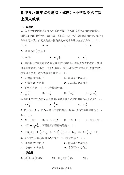 期中复习重难点检测卷(试题)-小学数学六年级上册人教版