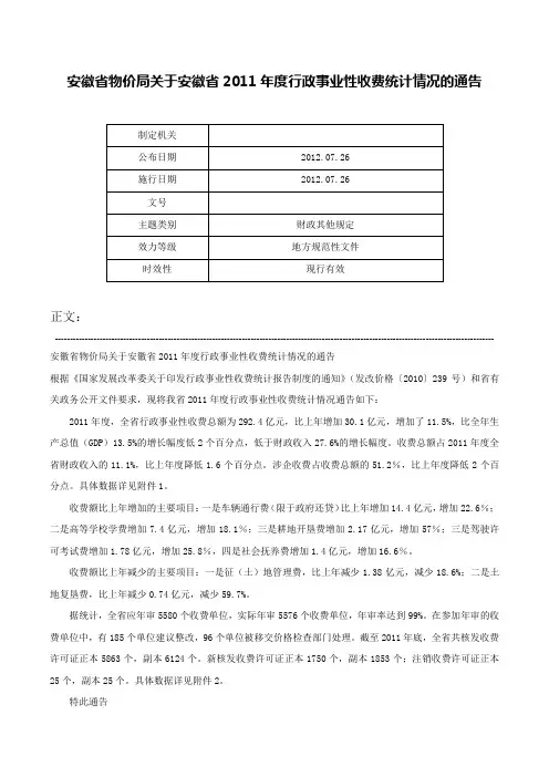 安徽省物价局关于安徽省2011年度行政事业性收费统计情况的通告-