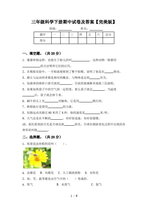 三年级科学下册期中试卷及答案【完美版】