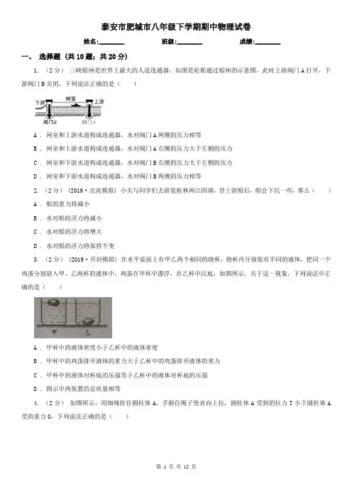 泰安市肥城市八年级下学期期中物理试卷  