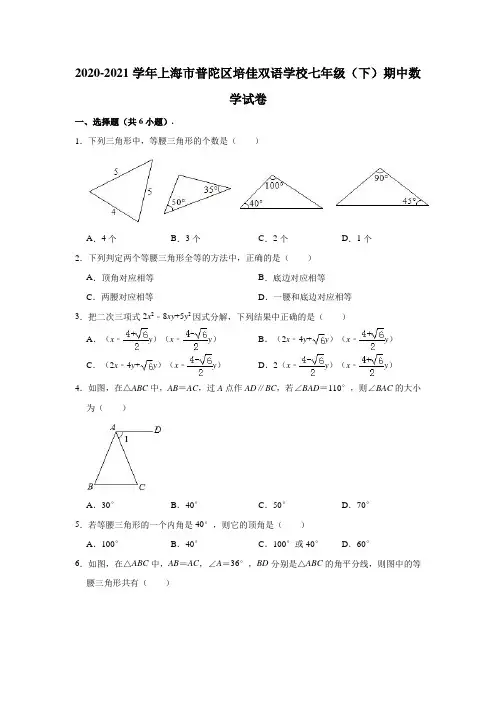 2020-2021学年上海市普陀区培佳双语学校七年级(下)期中数学试卷(含解析)