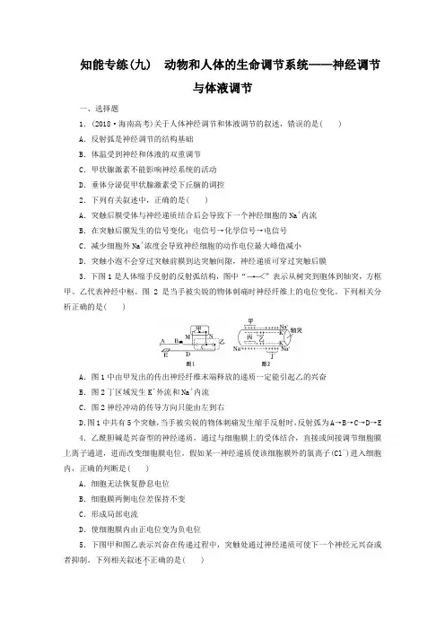 【三维设计】2019年高考生物二轮复习：知能专练(九) 动物和人体的生命调节系统——神经调节与体液调节