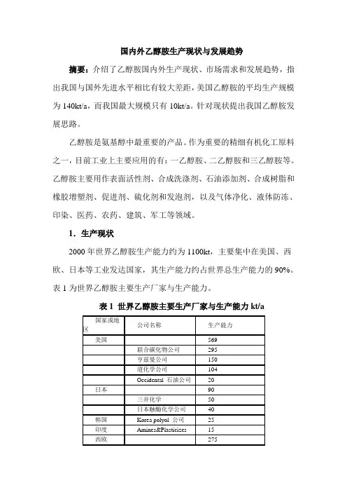 国内外乙醇胺生产现状与发展趋势