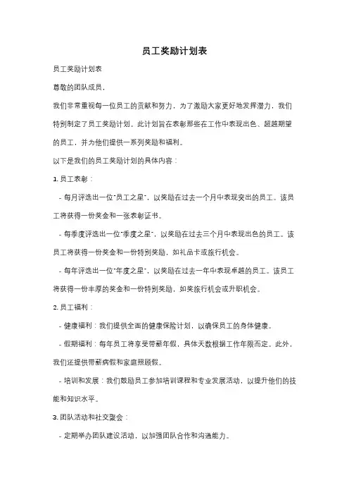 员工奖励计划表