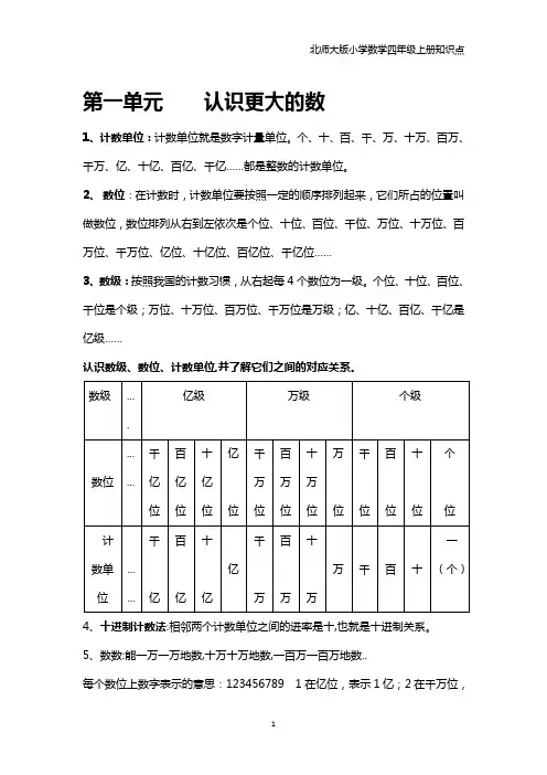 北师大版小学数学四年级上册知识点汇总