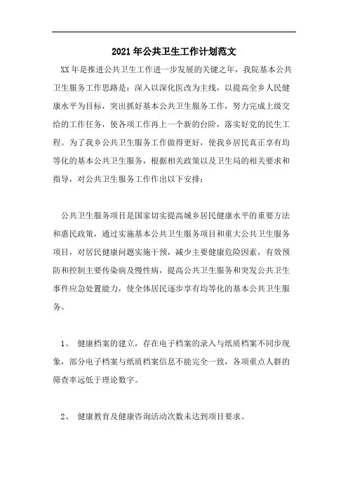 2021年公共卫生工作计划范文