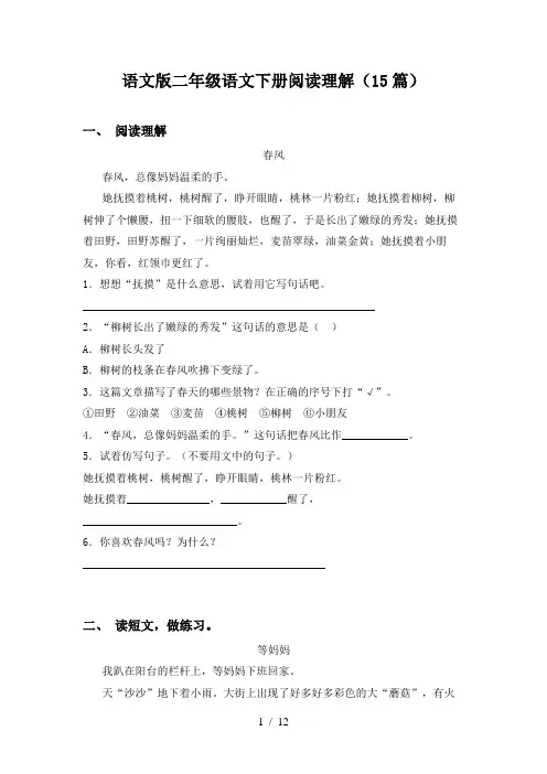 语文版二年级语文下册阅读理解(15篇)