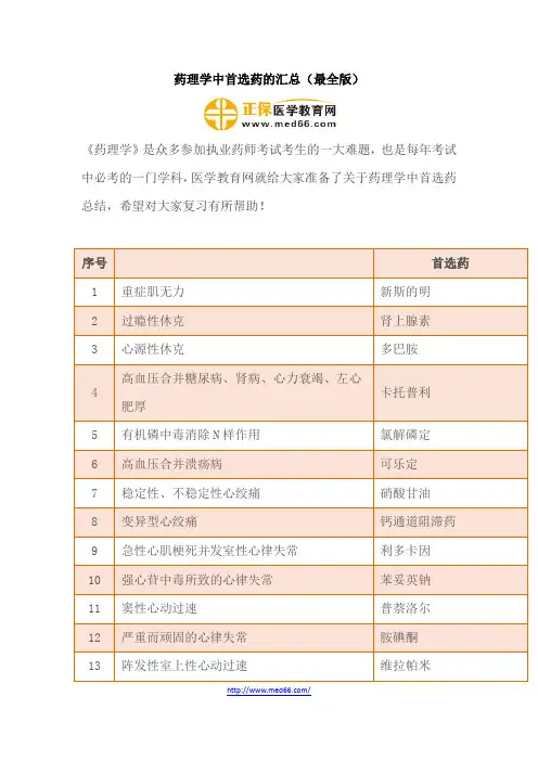 药理学中首选药的汇总
