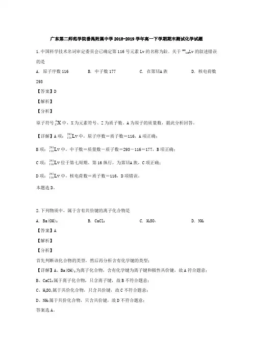 广东省第二师范学院番禺附属中学2018-2019学年高一下学期期末测试化学试题 Word版含解析