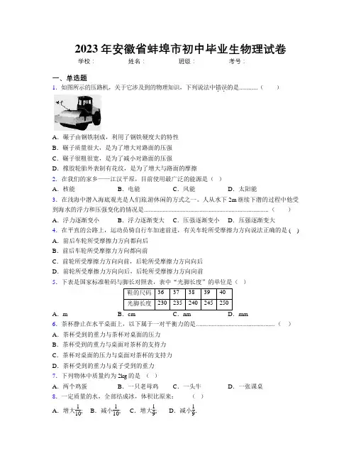 最新2023年安徽省蚌埠市初中毕业生物理试卷及解析