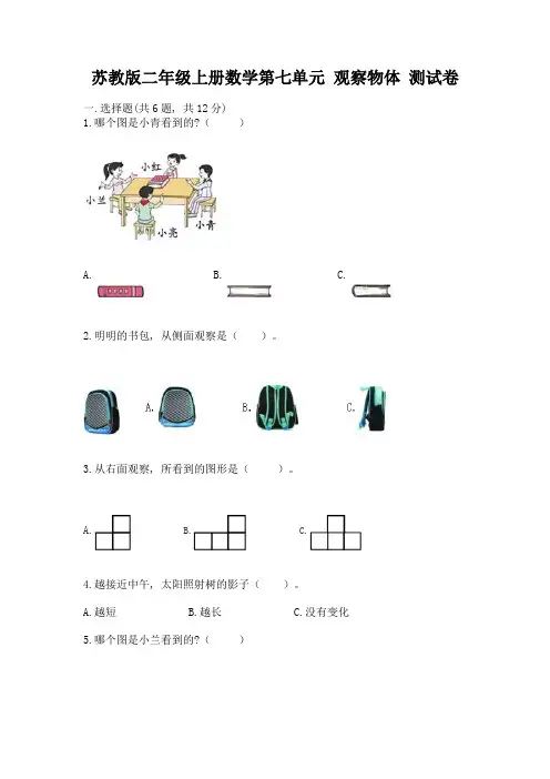 苏教版二年级上册数学第七单元-观察物体-测试卷a4版