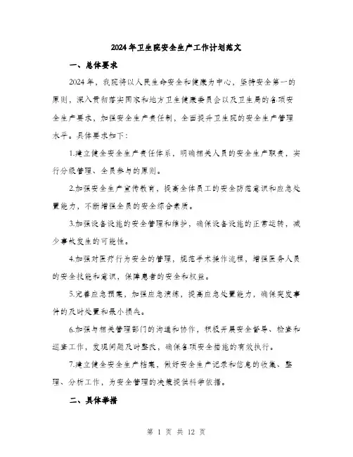 2024年卫生院安全生产工作计划范文(三篇)