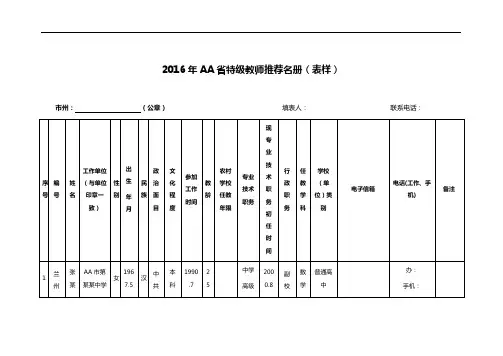 2016年AA省特级教师推荐名册(表样)