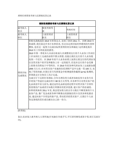 理财经理绩效考核与反馈情况登记表