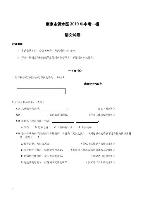 南京市溧水区2019年中考一模语文试卷含答案