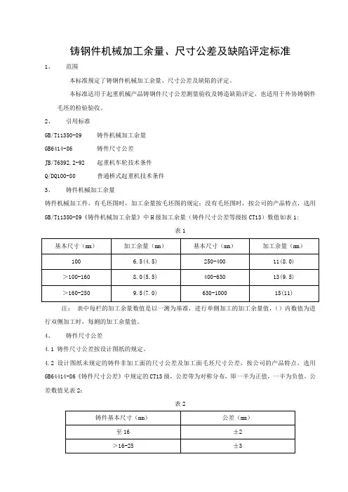 铸钢件机械加工余量、尺寸公差及缺陷评定标准