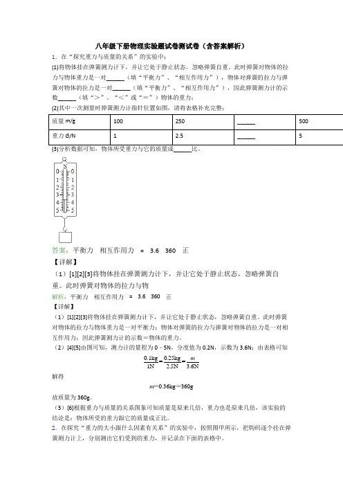 八年级下册物理实验题试卷测试卷(含答案解析)