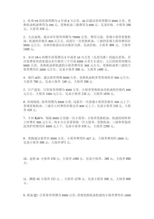 车辆保养费用对比