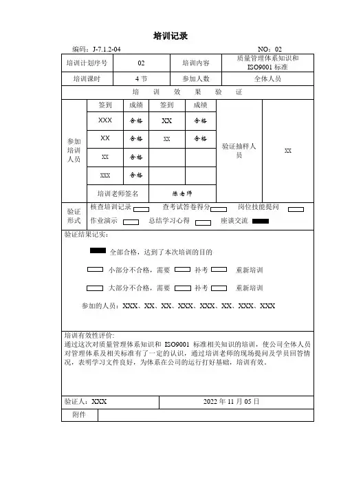 培训考核记录表范例
