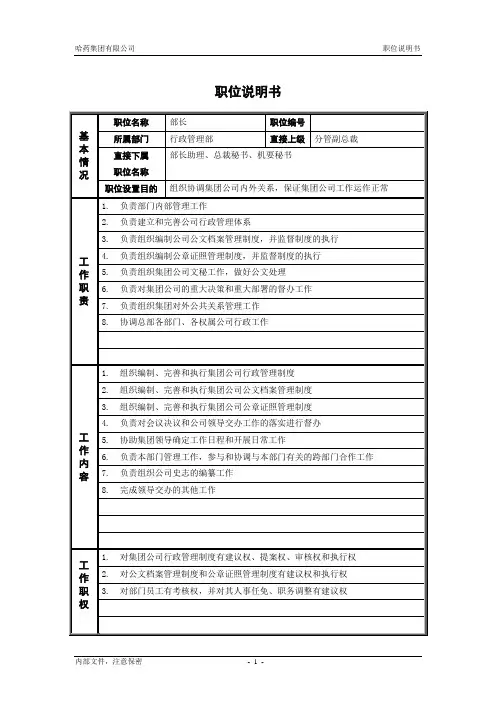 1行政管理部_部长_职位说明书