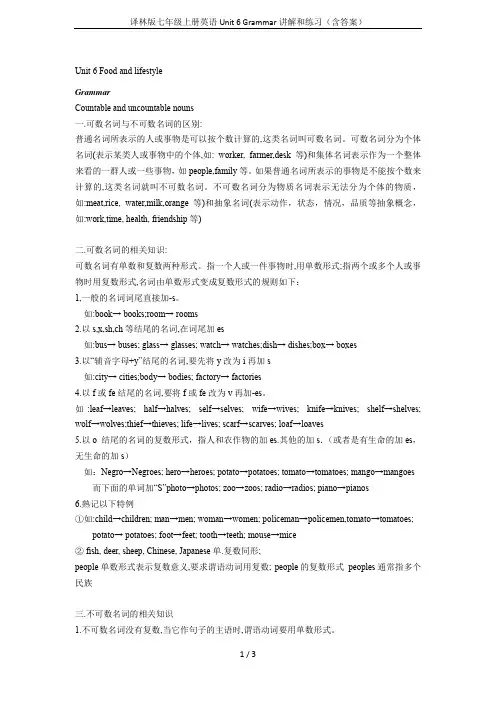 译林版七年级上册英语Unit 6 Grammar讲解和练习(含答案)