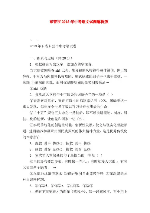 2018最新试题资料-东营市2018年中考语文试题解析版