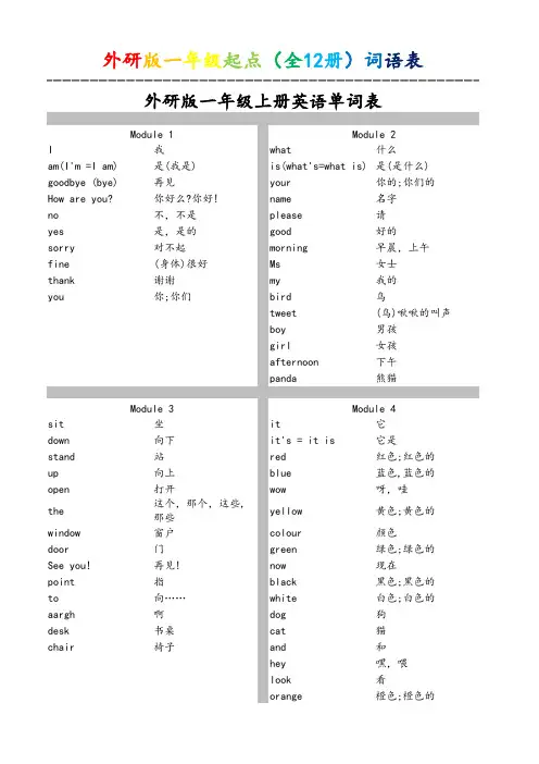 外研版一至六年级英语单词表(一年级起点)(全12册)