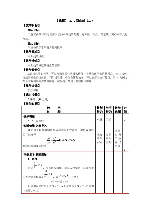 中职数学(高教版)拓展模块教学设计：双曲线