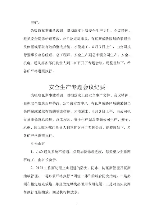 安全生产专题会议纪要(煤矿瓦斯事故教训整改总结)
