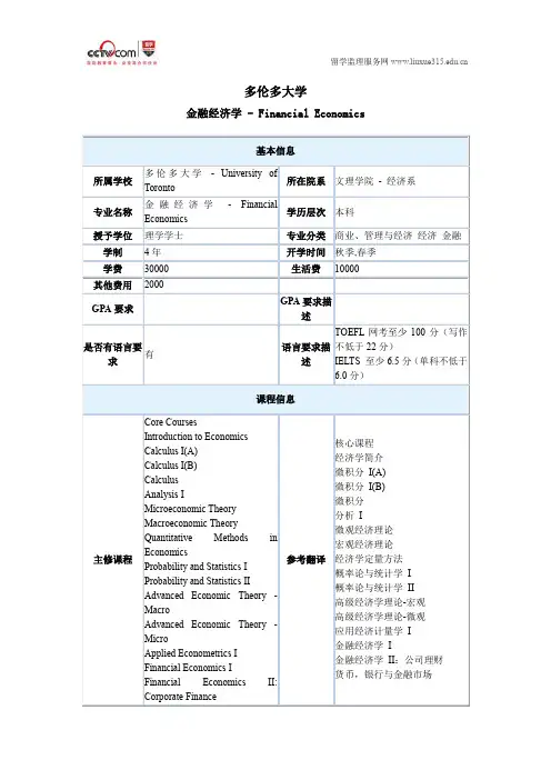 多伦多大学金融经济学本科