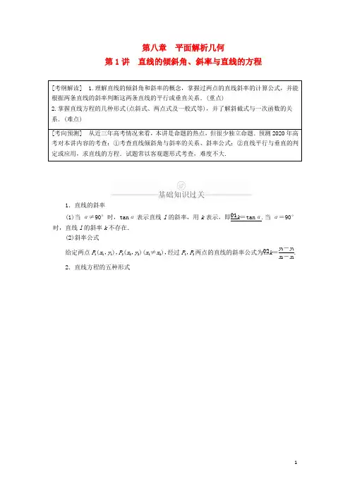 高考数学一轮复习第8章平面解析几何第1讲直线的倾斜角斜率与直线的方程讲义理含解析